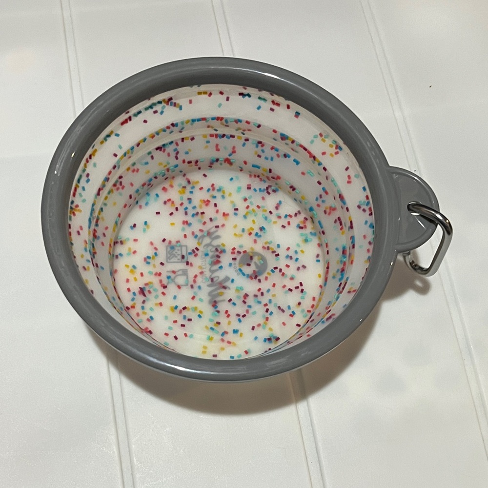 Collapsible Cat or Dog Bowl Gray and Multicolor Confetti Travel Dish Whimsy